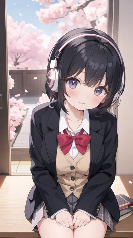 A beautiful black-haired high school girl studying at her desk while listening to music with headphones in her room、Blazer unifo...