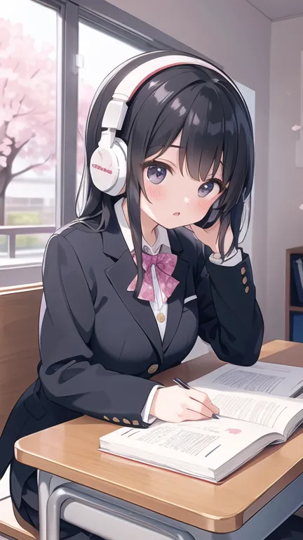 A beautiful black-haired high school girl studying at her desk while listening to music with headphones in her room、Blazer unifo...