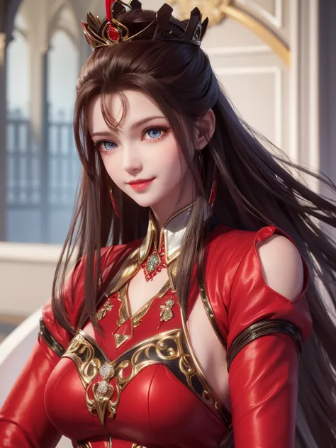 1woman, red suit, as queen, crown, smile, red light eyes, white long hair,