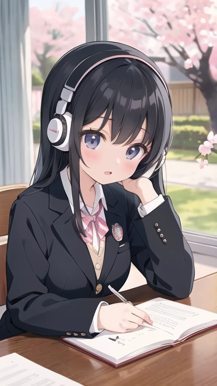 A beautiful black-haired high school girl sitting at her desk studying while listening to music on headphones in her room、Blazer uniform、Outside the warmly lit room, cherry blossoms are blowing wildly.、Japanese anime style