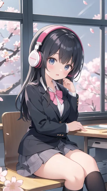 A beautiful black-haired high school girl sitting at her desk in her room listening to music with headphones and concentrating o...