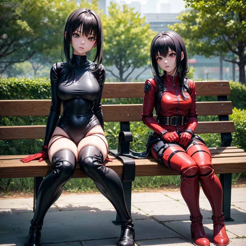 Full body of a toy doll of Rei Kishimoto from "Gantz" sitting on a wooden bench on park showing hee back to me, sit, bench, red gloves gauntlets, military high boots bootstraps, red cheeks, thick hips, hands on hips, metal handcuffs clenching fist