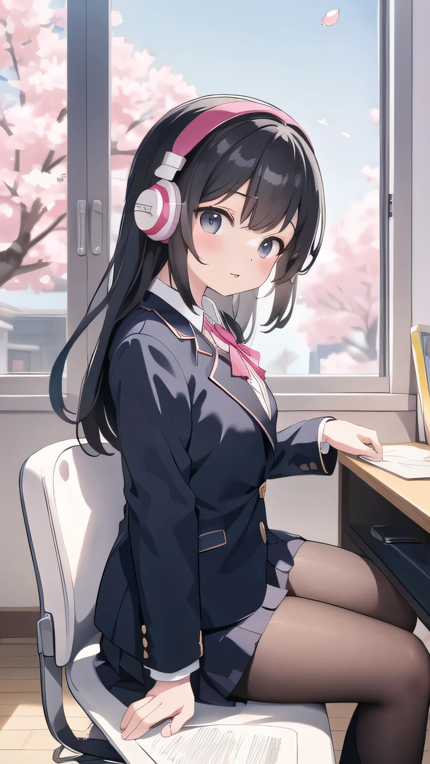 Uma linda estudante de cabelos negros sentada em sua mesa estudando enquanto ouve música em fones de ouvido em seu quarto、Blazer uniform、Fora da sala calorosamente iluminada, flores de cerejeira estão soprando descontroladamente.、Estilo de anime japonês