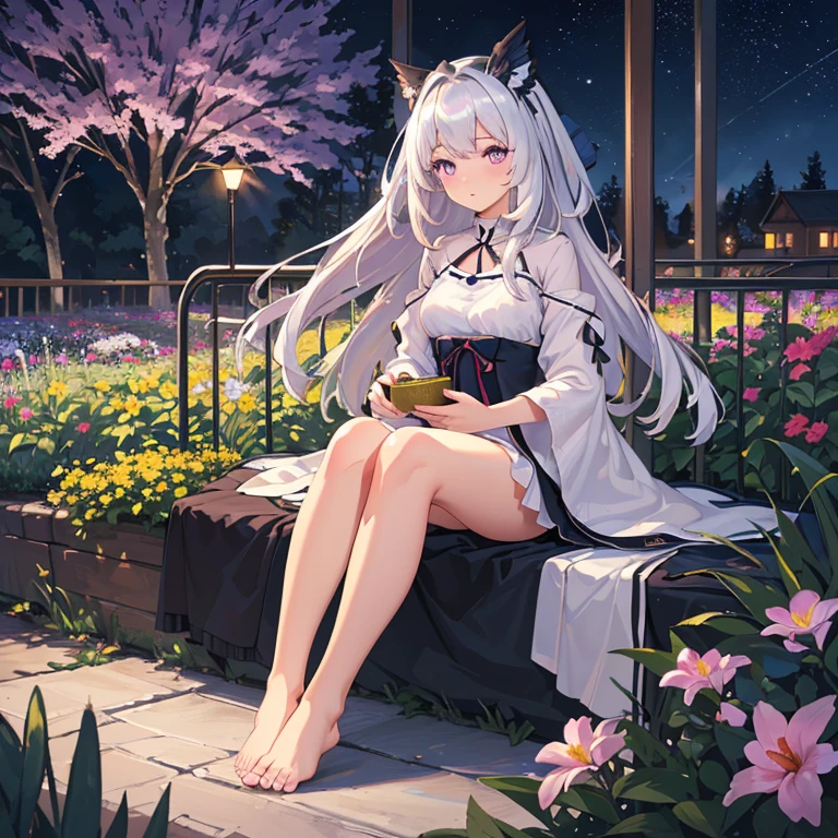 (best quality,4K,8k,high resolution,masterpiece:1.2),Ultra Detailed,(actual,photoactual,photo-actual:1.37),illustration,Soft Light,White hair girl,Deep purple eyes,Glowing eyes,sit down,barefoot,blush,Garden at night,Flowers.