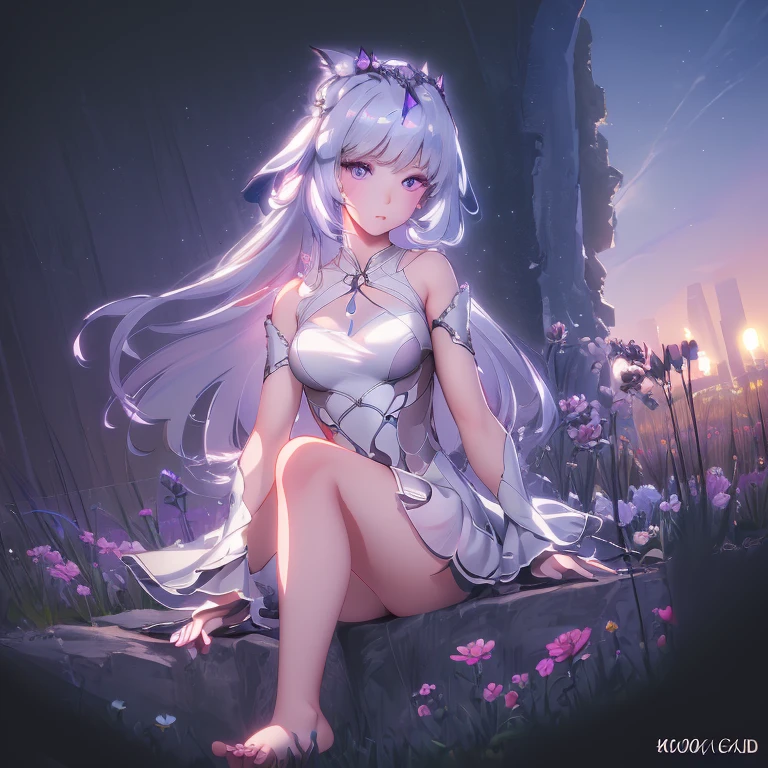 (best quality,4K,8k,high resolution,masterpiece:1.2),Ultra Detailed,(actual,photoactual,photo-actual:1.37),illustration,Soft Light,White hair girl,Deep purple eyes,Glowing eyes,sit down,barefoot,blush,Garden at night,Flowers.