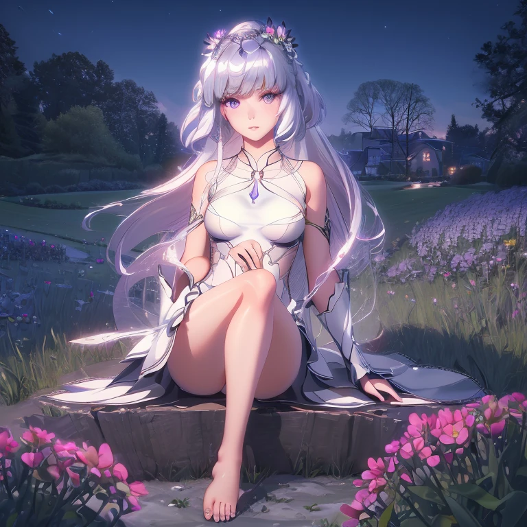 (best quality,4K,8k,high resolution,masterpiece:1.2),Ultra Detailed,(actual,photoactual,photo-actual:1.37),illustration,Soft Light,White hair girl,Deep purple eyes,Glowing eyes,sit down,barefoot,blush,Garden at night,Flowers.