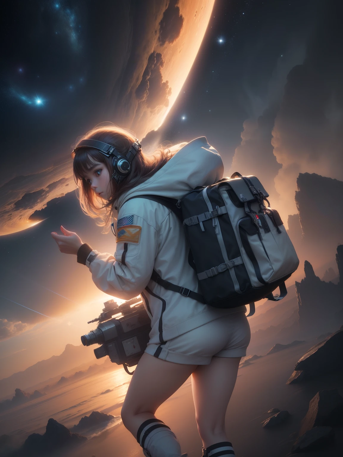 ((masterpiece, highest quality, Best image quality, High resolution, Realistic, RAW Photos, 8k)), Huge spaceship, Interstellar space emits light uniformly, Astronaut floating in the vastness of space, background, Receiving the light of a small star, Astronaut floating in interstellar space, Flying through space using rocket propulsion from a backpack, ((Add a motion blur effect to make the star&#39;s light radiate.)),A woman wearing a heavy space suit, A helmet with a large glass surface through which you can see the face of a woman inside