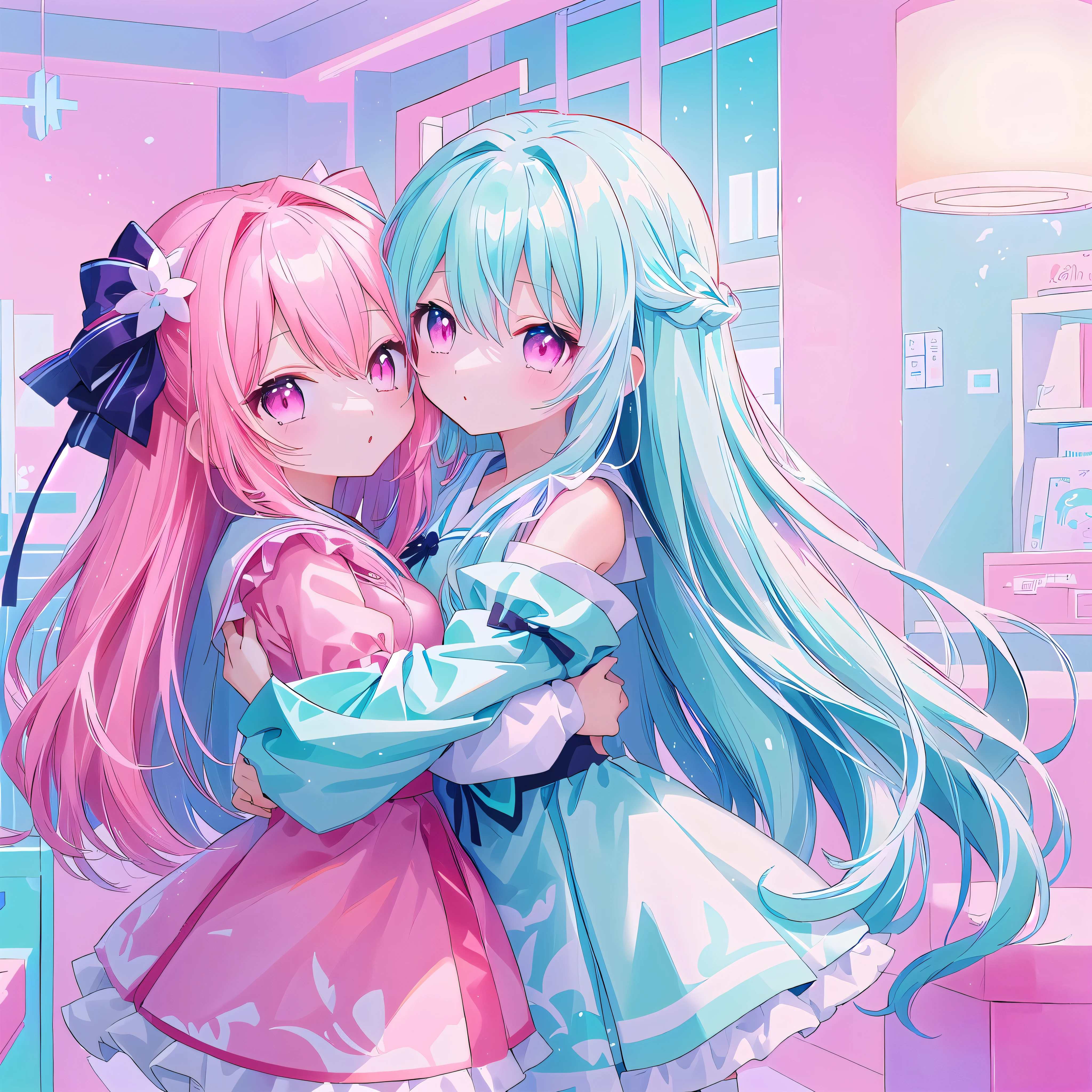 Anime-Mädchen umarmt ein anderes Mädchen im Zimmer mit rosa Hintergrund, zwei wunderschöne Anime-Mädchen, Anime-Stil 4-farbiges Doppelschwanzhaar und cyanfarbene Augen, Vermillion and Cyan, Anime-Kunst-Tapete 8 K, digitale Kunst auf Pixiv, Doppelschwanz, schöner Kunststil, Cyan und Magenta, Anime-Kunst-Hintergrundbild 4k, Anime-Kunst-Hintergrundbild 4k