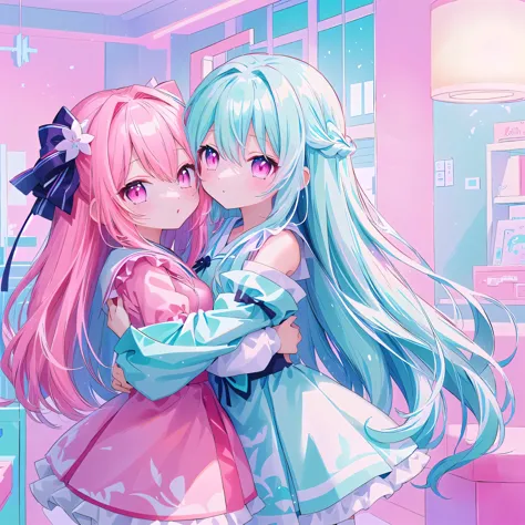 anime girl hugging another girl in the room with pink background, two beautiful anime girls, anime style 4-color double tail hai...