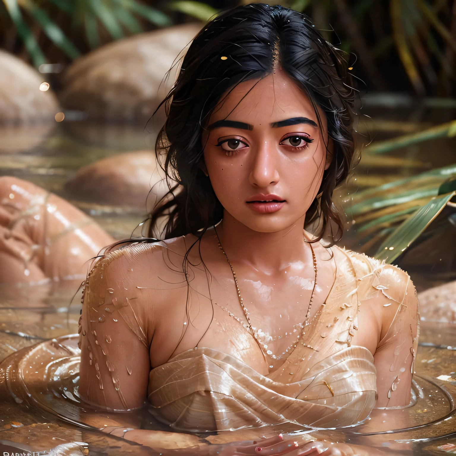 Close up portrait of a cute woman (Rashmika) bathing naked in a crystal clear river, reeds, (backlighting), realistic, masterpiece, highest quality, lens flare, shade, bloom, [[chromatic aberration]], by Jeremy Lipking, by Antonio J. Manzanedo, digital painting, full body view, full body visible from head to toe, 