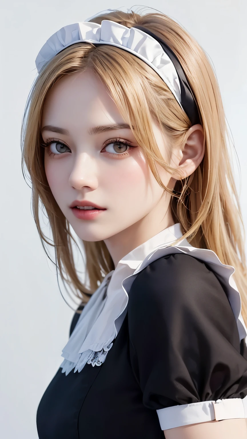 (highest quality、8k、32k、masterpiece)、(Realistic)、(Realistic:1.2)、(High resolution)、Very detailed、Very beautiful face and eyes、1 girl、Round and small face、Tight waist、Delicate body、(close、highest quality、Attention to detail、Rich skin detail)、(highest quality、8k、Oil paint:1.2)、Very detailed、(Realistic、Realistic:1.37)、Bright colors、(((blonde)))、(((Bust Shot)))、(((Long Hair)))、(((Pure white wall background)))、(((Pure white wall background)))、(((Black maid dress)))、(((Rin々Has a sly expression)))、(((Serious face)))、(((Maid clothes)))、(((Look straight ahead)))、(((Long golden hair)))、(((Teeth are visible)))、