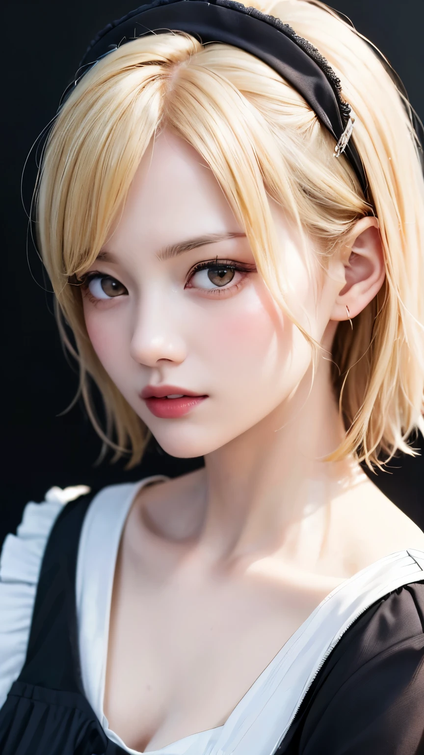 (highest quality、8k、32k、masterpiece)、(Realistic)、(Realistic:1.2)、(High resolution)、Very detailed、Very beautiful face and eyes、1 girl、Round and small face、Tight waist、Delicate body、(close、highest quality、Attention to detail、Rich skin detail)、(highest quality、8k、Oil paint:1.2)、Very detailed、(Realistic、Realistic:1.37)、Bright colors、(((blonde)))、(((Bust Shot)))、(((Short Hair)))、(((Pure white wall background)))、(((Pure white wall background)))、(((Black maid dress)))、(((Rin々Has a sly expression)))、(((Serious face)))、(((Maid clothes)))、(((Look straight ahead)))、(((Long golden hair)))、(((Teeth are visible)))、