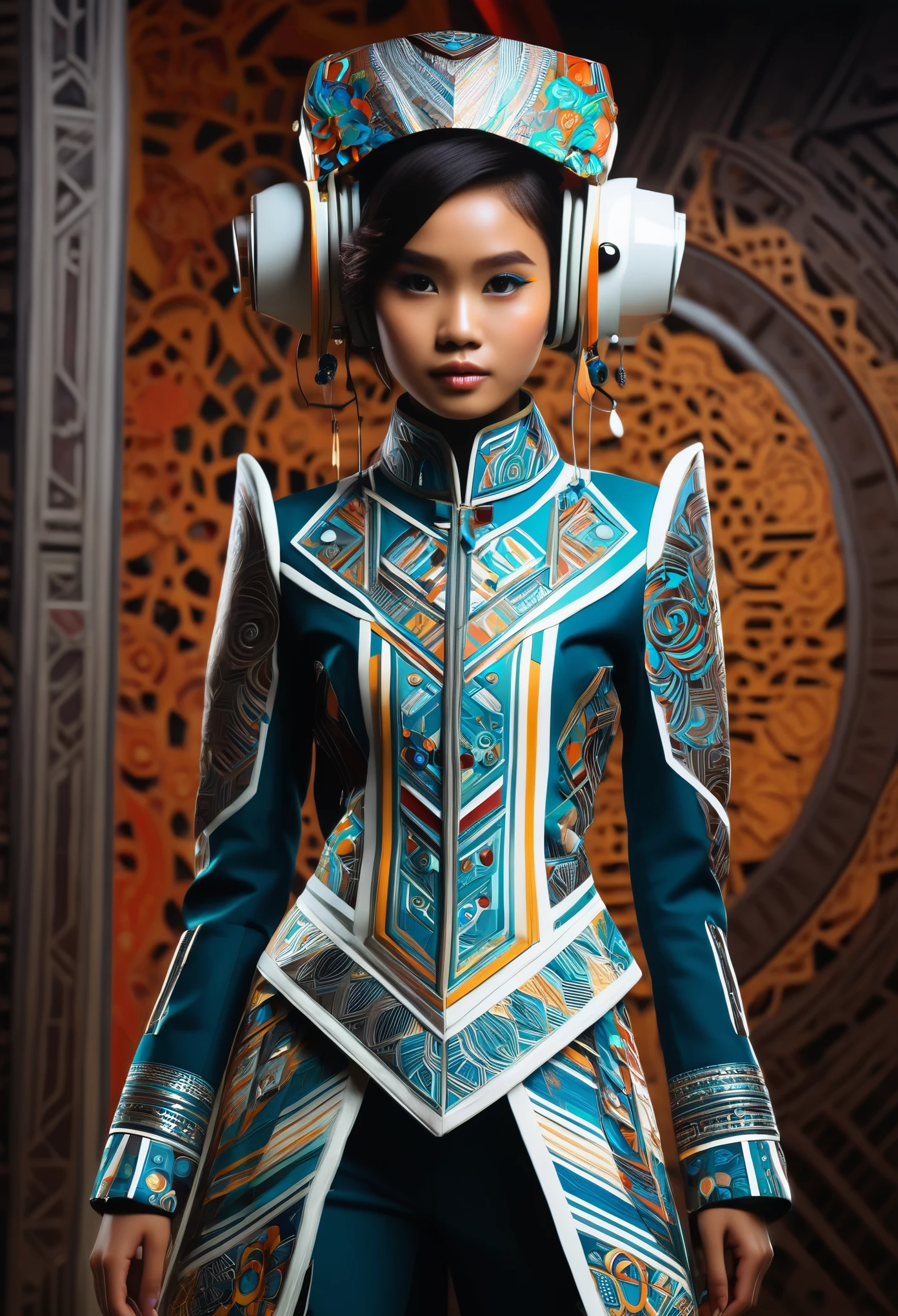 An Indonesian-styled futuristic suit worn by a girl depicting cultural fusion and modern fashion. The suit is adorned with intricate patterns and vibrant colors, showcasing the rich heritage of Indonesia. The girl stands confidently in a dynamic pose, with her detailed eyes reflecting determination and curiosity. The suit's material is a combination of traditional textiles and futuristic synthetic fabrics, giving it a unique and avant-garde appearance. The overall image quality is of the highest standard, with sharp focus and ultra-detailed rendering. The artwork employs physically-based rendering techniques, resulting in realistic lighting and shadows. The colors are vivid and vibrant, capturing the essence of Indonesian cultural aesthetics. The background features a fusion of modern architecture and traditional elements, creating a harmonious blend of the past and the future. The prompt explores the intersection of Indonesian culture, futuristic design, and the artistic representation of a confident girl