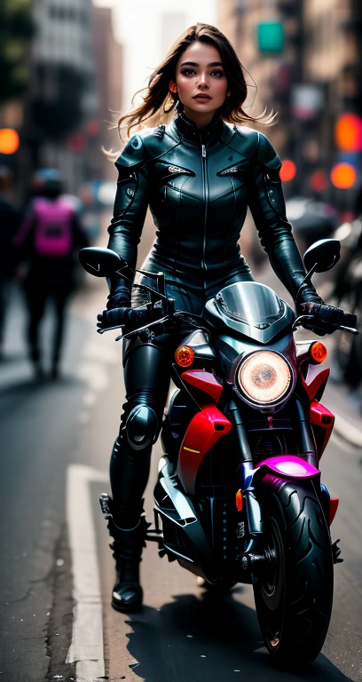 Женщина-киборг едет на высокотехнологичном мотоцикле по улице
