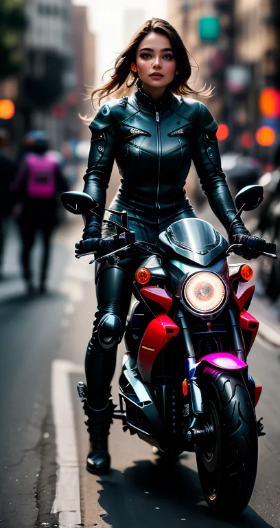 A female cyborg riding a high-tech motorcycle on the street
