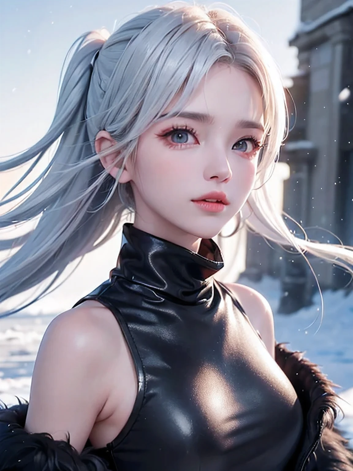 (Picture from the waist up:1.5)((masterpiece:1.5、8k、Portraiture、Photorealistic and very detailed CG、Very detailed、Particle Effects、Dynamic Effects、Written boundary depth、Cinematic Light、Lens flare、Ray Tracing、Tabletop、Realistic:1.4、超A high resolution:1.2、Realistic、Realistic))((alone、Turtleneck dress,Sleeveless、Woman in a black fur coat:1.4、sideboob、Model-like pose、Detailed face、Bright expression、young, Brighter, Whiter skin、Small breasts:1.4、Best Looks、Ultimate beauty、White hair with shiny highlights:1.8、Bright and shiny hair,、Arrangement Hair、Hair dancing in the wind))(morning、In the background is a snowy hill overlooking the ruins..)
