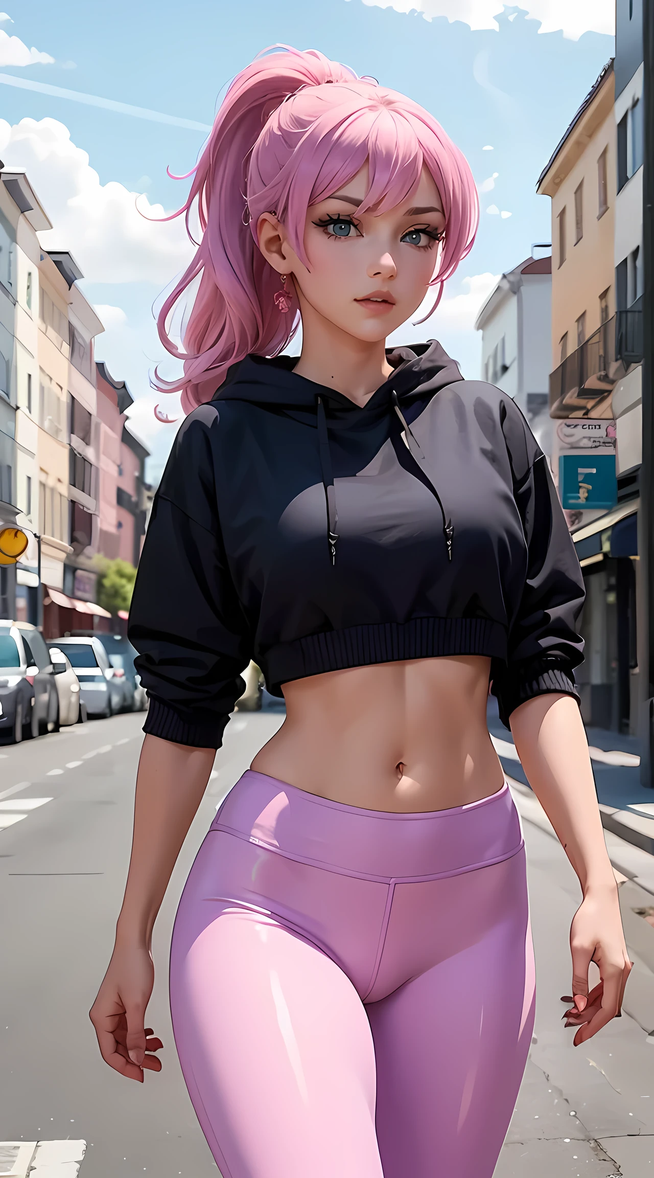 Beautiful pink hair girl is shown to have a sexy figure, she is wearing a nsfw crop hoodie and leggings, ponytail, happy look, blue eyes, girl walking down a neighborhood,sexy session, sexy pose, cowboy shot, superior quality, many details, realistic