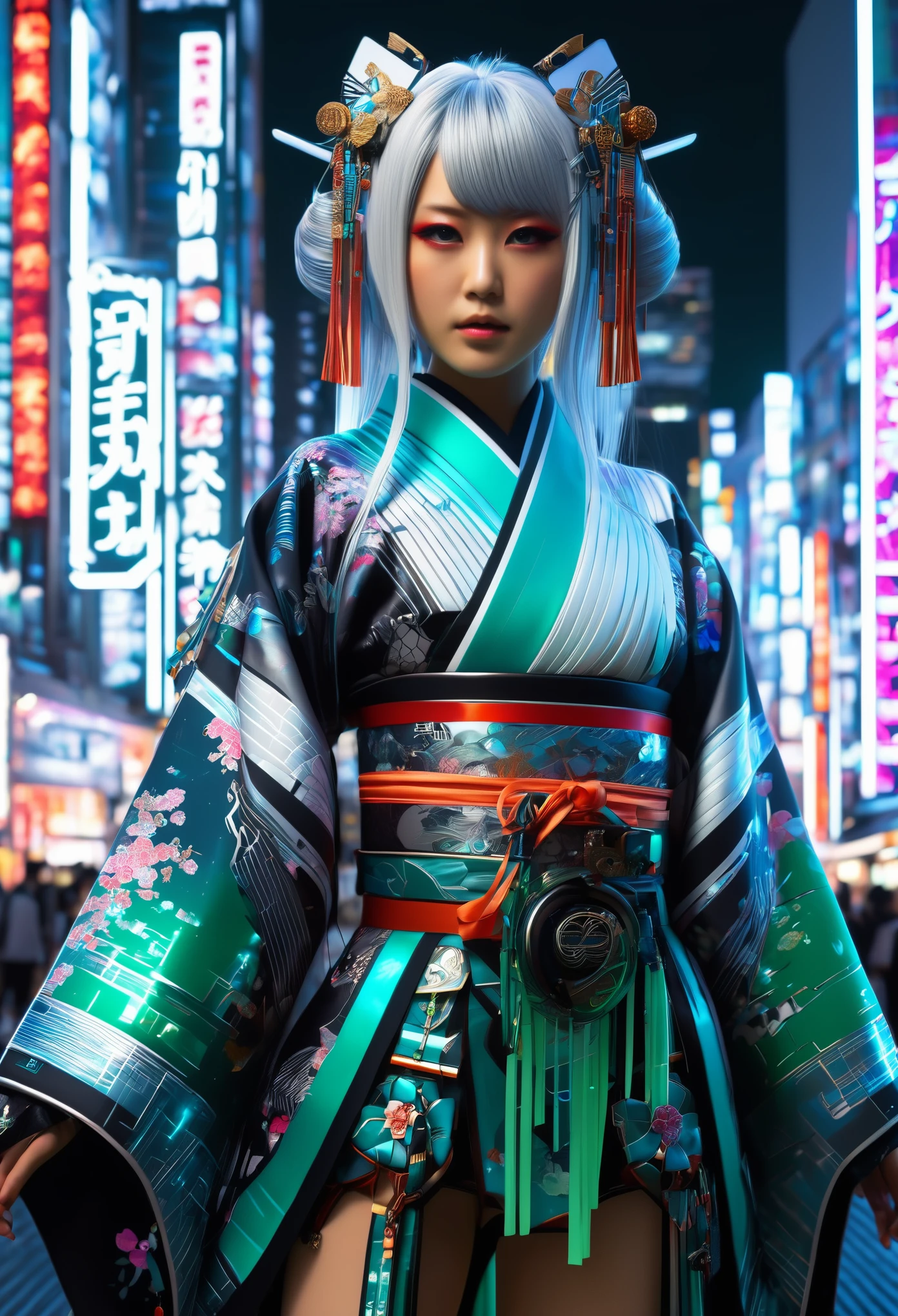 (high quality), (masterpiece), (detailed), 8K, Hyper-realistic digital illustration depicts (Japanese heroine1.3) adorned in (futuristic kimono1.2) with (neon accents1.2) and (intricate armor1.2). Her (long silver hair1.2) flows like a river of moonlight, and her (piercing emerald eyes1.3) gleam with an otherworldly intensity. She stands amidst a (neon-lit Tokyo cityscape1.2), surrounded by (holographic advertisements1.2) and (levitating drones1.2). In style of Ash Thorp, trending on DeviantArt.