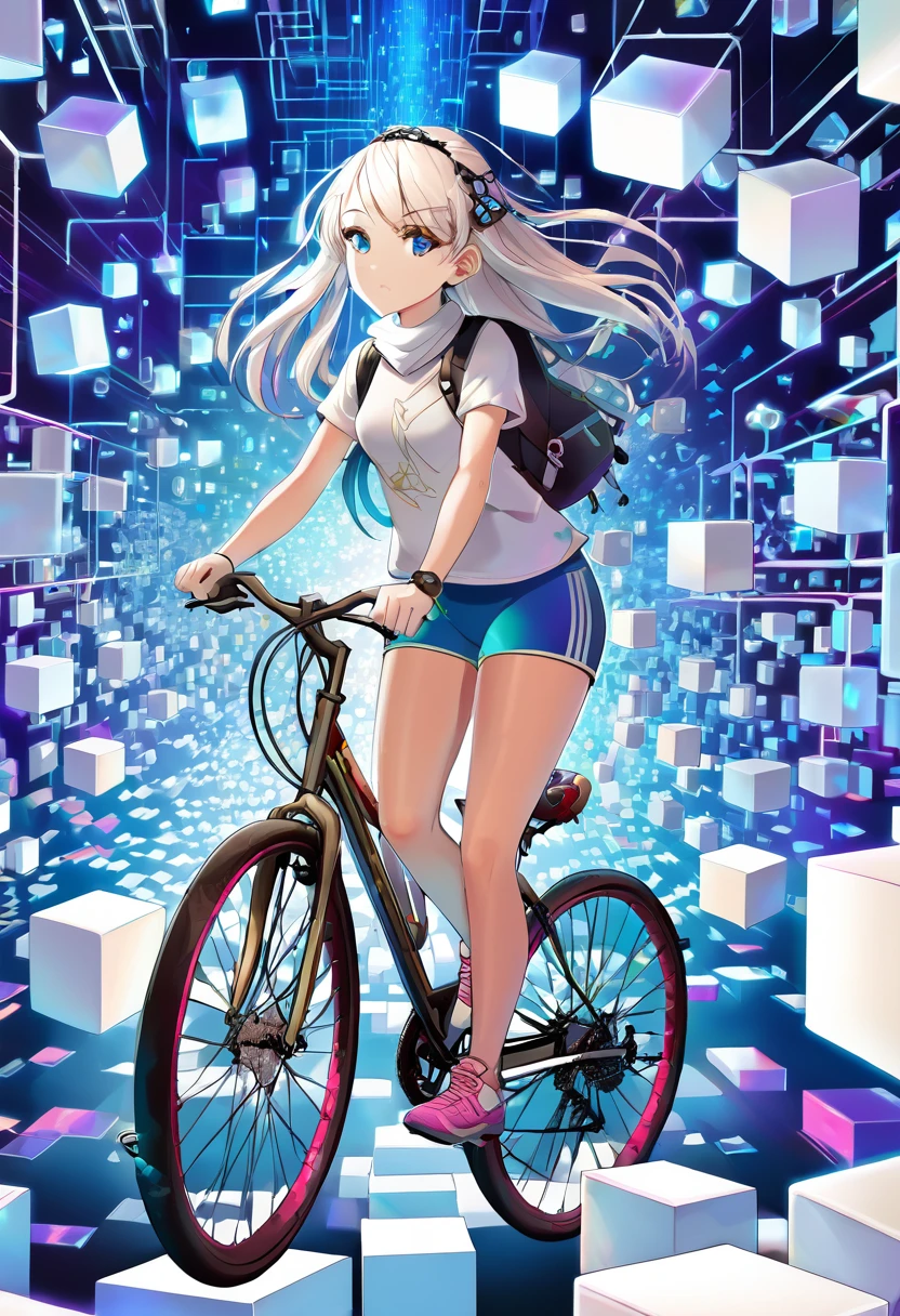 une fille fait du vélo, en short de course, short court, une pièce remplie de beaucoup de cubes blancs, un rendu numérique, par Jon Coffelt, tumblr, Cubo-futurisme, fractale irisée, ville cyber-champignon, Cristaux flottants, ondes quantiques infinies,
