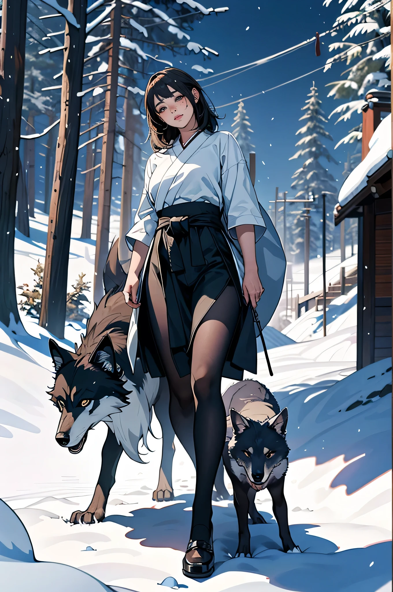 masterpiece, highest quality, (Highly detailed CG Unity 8k wallpaper), (highest quality), (Best illustrations), (Best Shadow), Confused, Realistic lighting, (abyss), Beautiful and delicate shine,Random Pause, ((Cute freckles on the cheeks,Mole under left eye,)) ,Girl walking with wolf in snowy forest with hut,Anime girl with a Japanese sword on her waist, The wolf is beside him, Female Action Anime Girl, Anime Style 4k,