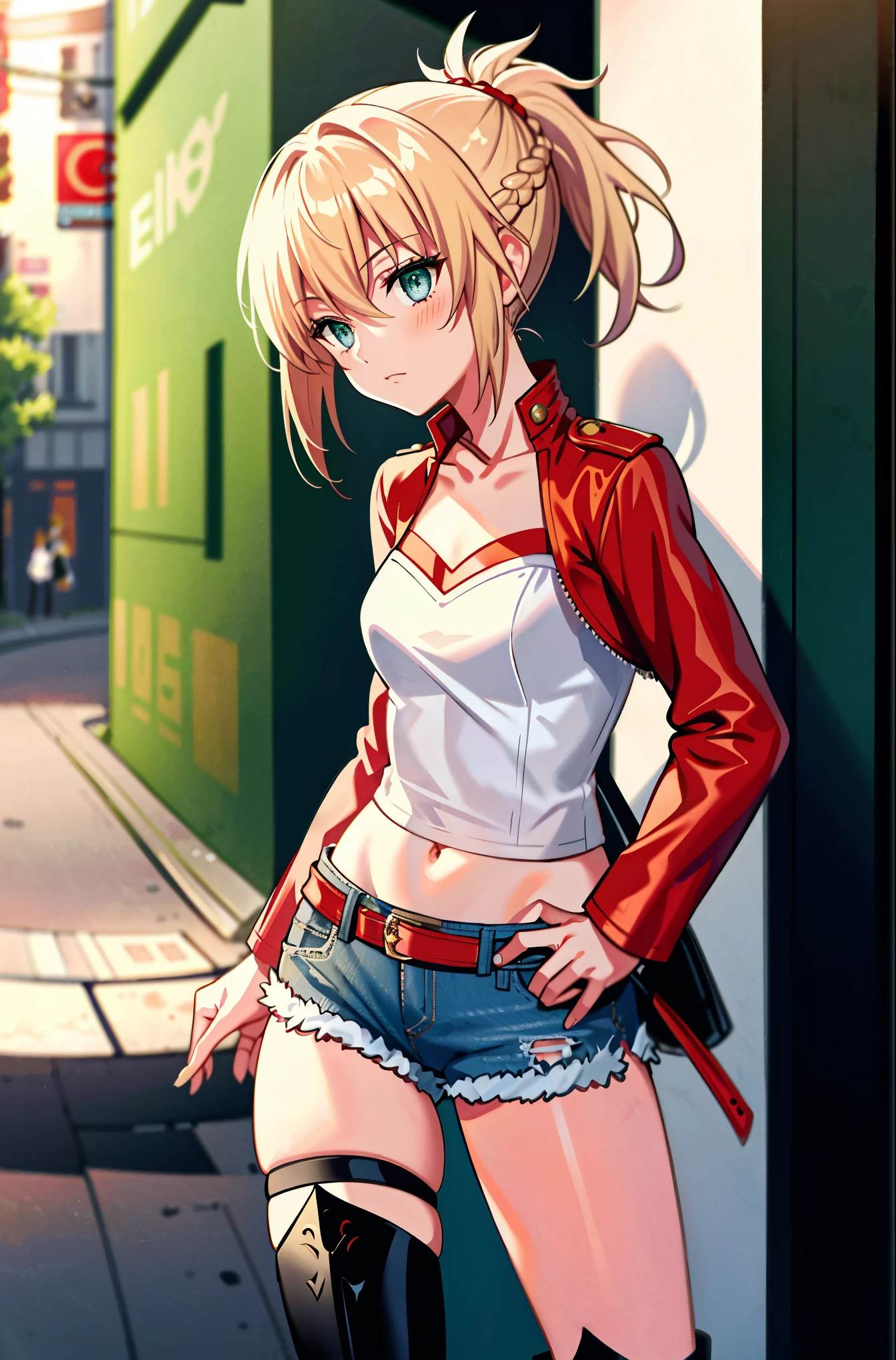 Masterpiece, Best Quality, illustration, city street, 1girl, Mordred \(fate\), cowboy shot, collarbone, Detailed blond hair ponytail braid, green eyes, Red leather jacket, White short blouse, denim shorts,navel,thigh-high,