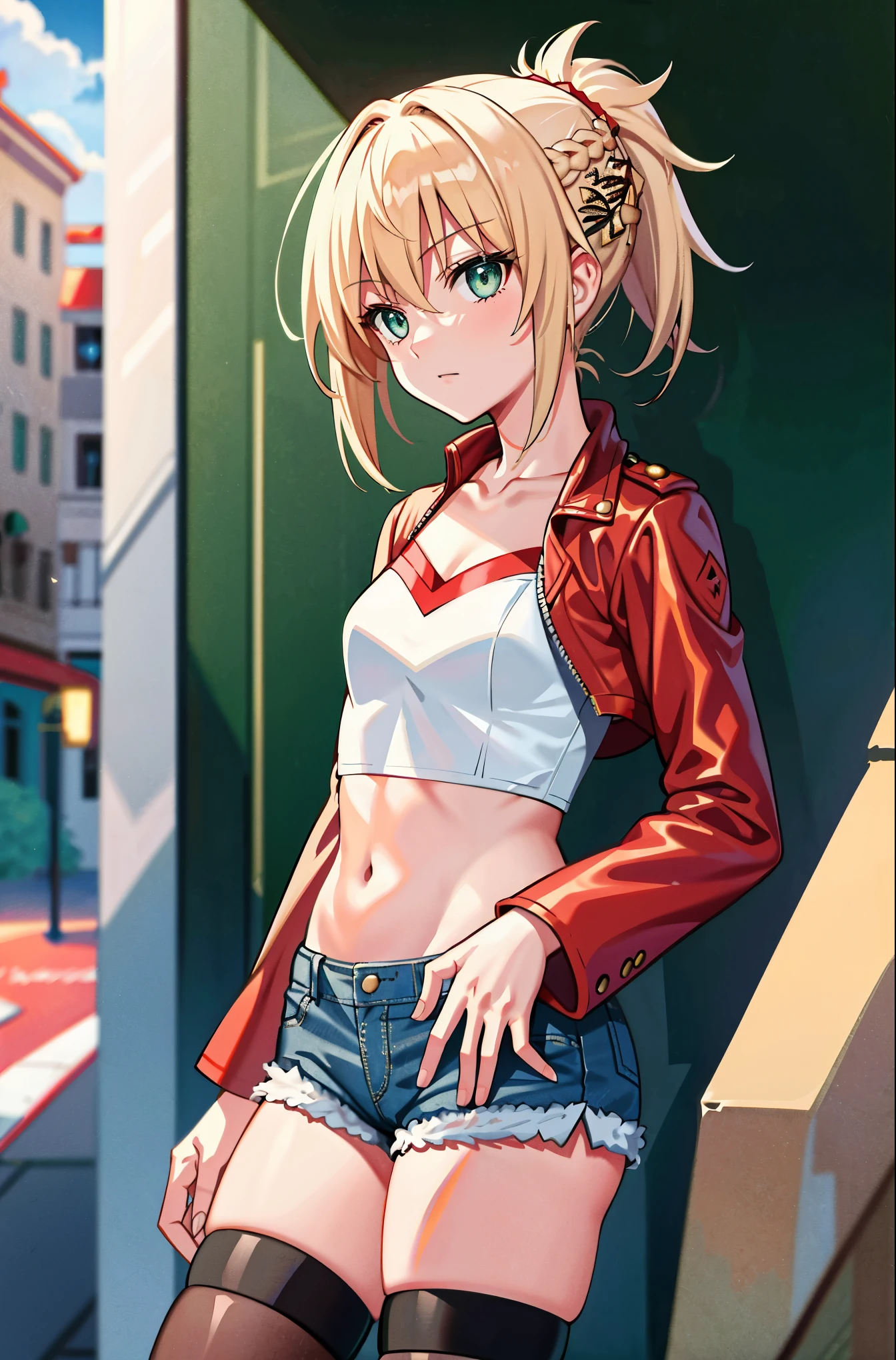 Masterpiece, Best Quality, illustration, city street, 1girl, Mordred \(fate\), cowboy shot, collarbone, Detailed blond hair ponytail braid, green eyes, Red leather jacket, White short blouse, denim shorts,navel,thigh-high,