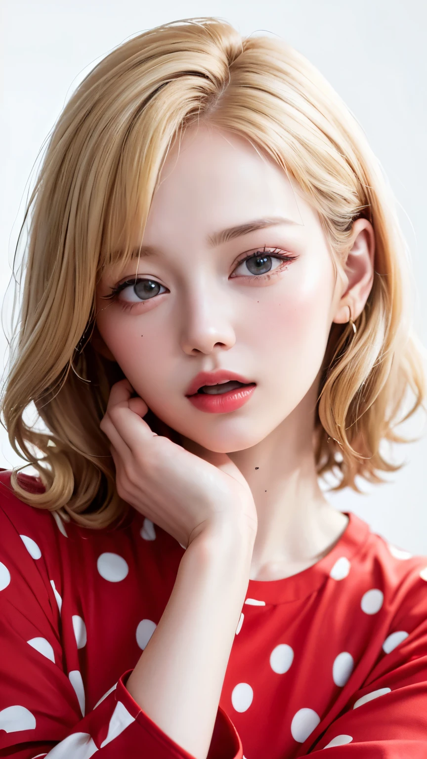 (highest quality、8k、32k、masterpiece)、(Realistic)、(Realistic:1.2)、(High resolution)、Very detailed、Very beautiful face and eyes、1 girl、Round and small face、Tight waist、Delicate body、(close、highest quality、Attention to detail、Rich skin detail)、(highest quality、8k、Oil paint:1.2)、(Realistic、Realistic:1.37)、Bright colors、(((blonde)))、(((Bust Shot)))、(((Medium Hair)))、(((Loose and fluffy perm)))、(((Pure white wall background)))、(((Pure white wall background)))、(((Red pajamas、Short sleeve)))、(((Sleepy look)))、(((Hide your mouth with your left hand)))、(((Yawning)))、(((Blonde)))、(((Polka dot pajamas)))、(((Red pajamas)))、(((Clothes with red polka dots)))