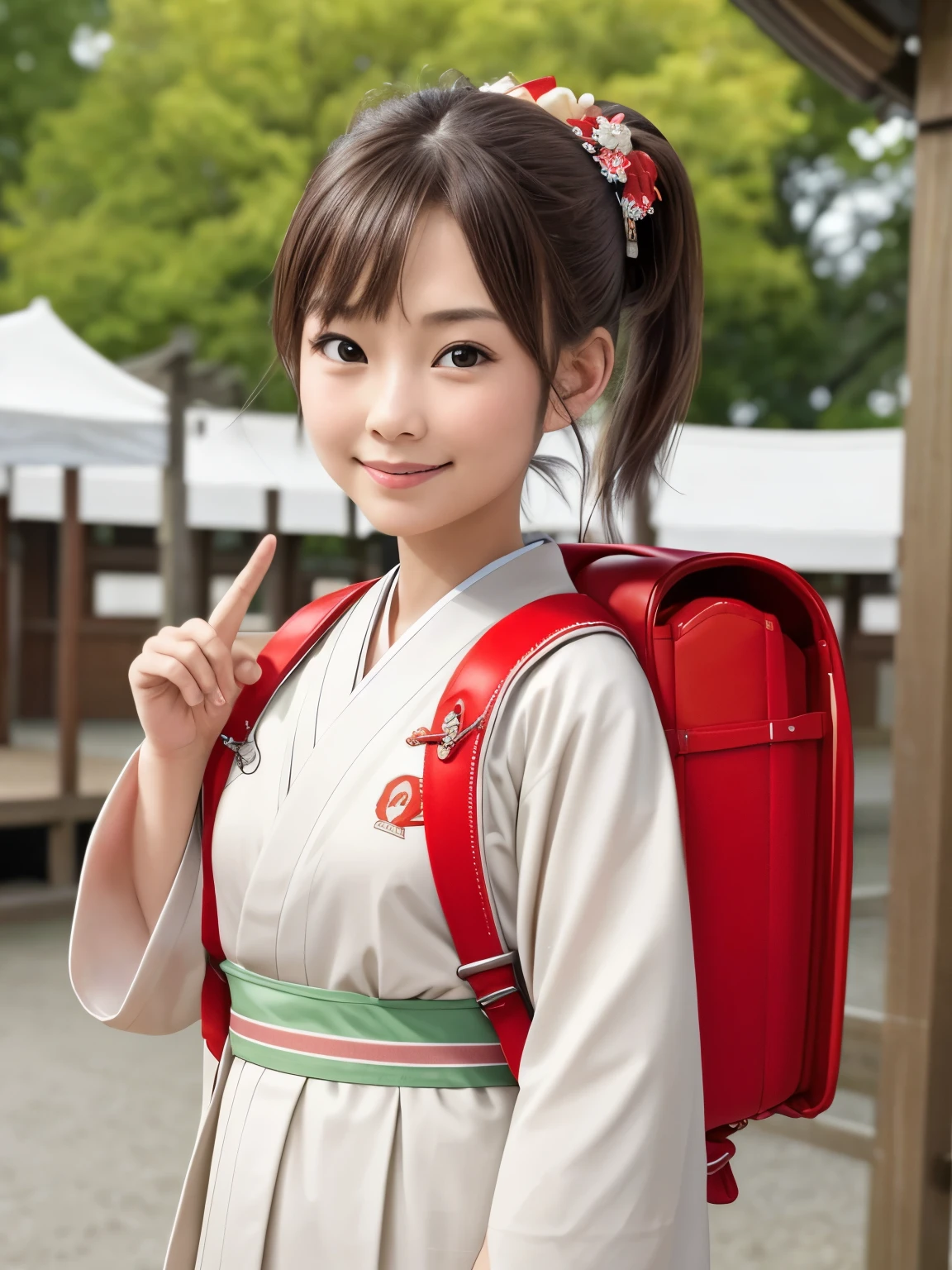 chef d&#39;oeuvre, HD, , portrait, Meilleure qualité, haute résolution, 1fille, cheveux bruns, queue de cheval, ornements de cheveux, ruban à cheveux, wearing sac à dos d&#39;école、(sac à dos d&#39;école:1.2), sac à dos rouge Porter un kimono japonais lors d&#39;un festival d&#39;été dans un sanctuaire, (kimono:1.1), Extérieur, debout