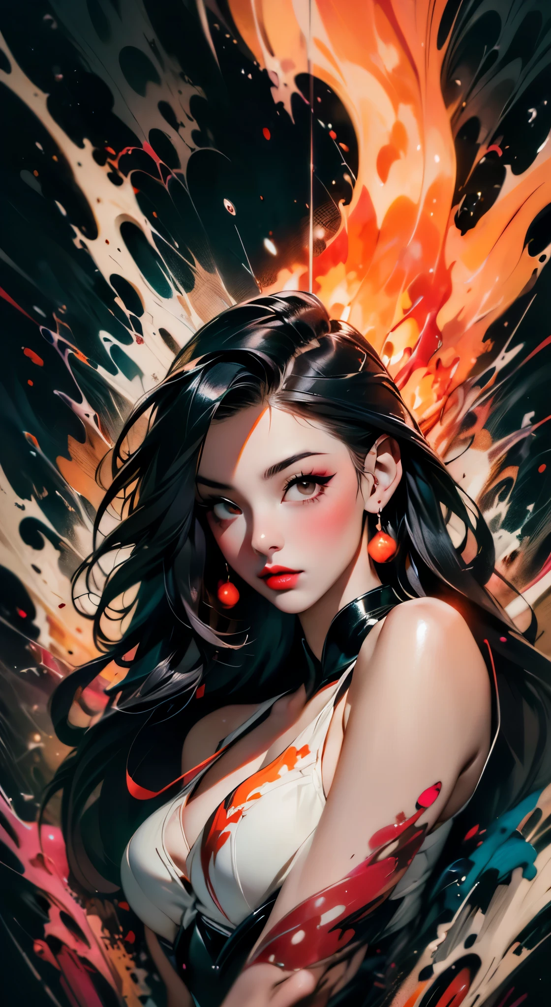 masterpiece, best quality, ultra high res, beautiful, elegant, graceful, award-winning art, 1girl , portrait, (style of Yuko Shimizu:1.1), (abstract art:1.2), red lips, silent in chaoodel pose in fashion show, style of rebecca guay, black hair, red fire , cloaked in flames, dark theme, visually stunning, gorgeous