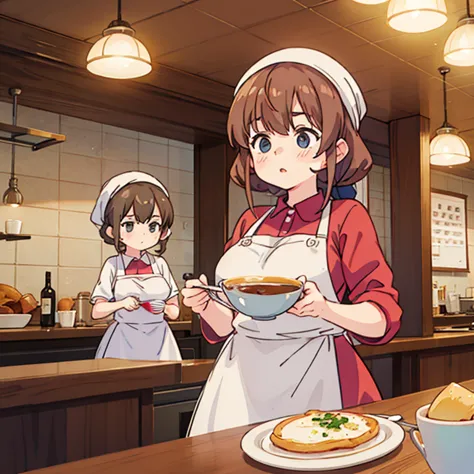 girls with towels wrapped around their heads making large quantities of soufflé omelettes at a cafe　wearing an apron