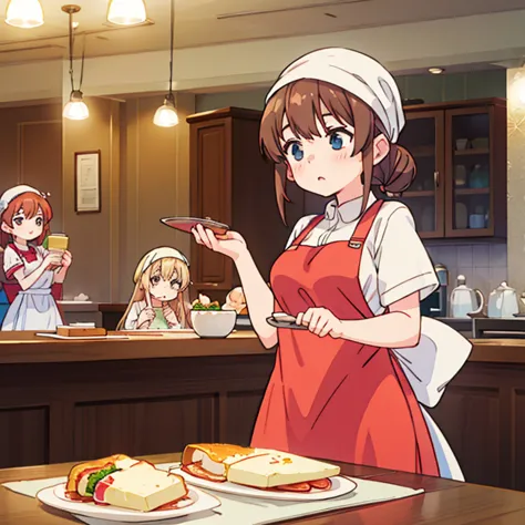 Girls with towels wrapped around their heads making large quantities of soufflé omelettes at a cafe　Wearing an apron