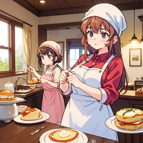 Girls with towels wrapped around their heads making large quantities of soufflé omelettes at a cafe　Wearing an apron