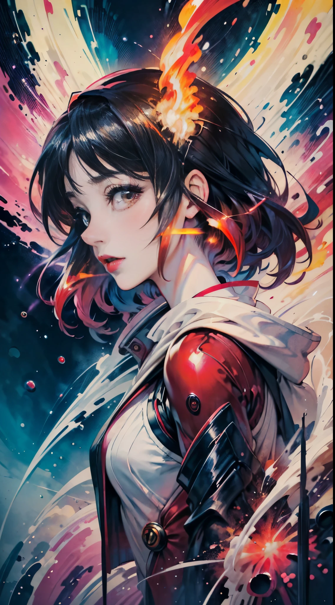 masterpiece, best quality, ultra high res, beautiful, elegant, graceful, award-winning art, 1girl , portrait, (style of Yuko Shimizu:1.1), (abstract art:1.2), red lips, silent in chaoodel pose in fashion show, style of rebecca guay, black hair, red fire , cloaked in flames, dark theme, visually stunning, gorgeous