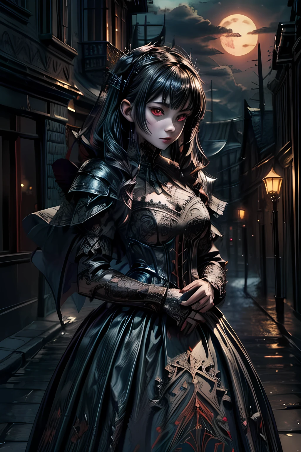 Arafed, dark fantasy art, gothic art, a picturק of a vampire ready for battle, female vampire, armed with a sword, wearing heavy armor , armed with a sword, shining sword, ultra detailed face (intricate detailed, Masterpiece, best quality: 1.4), pale skin, glowing eyes, red eyes, ultra feminine, pale skin, dynamic hair, dark fantasy urban street (intricate detailed, Masterpiece, best quality: 1.4), moon light, star light, clouds, armored_dress