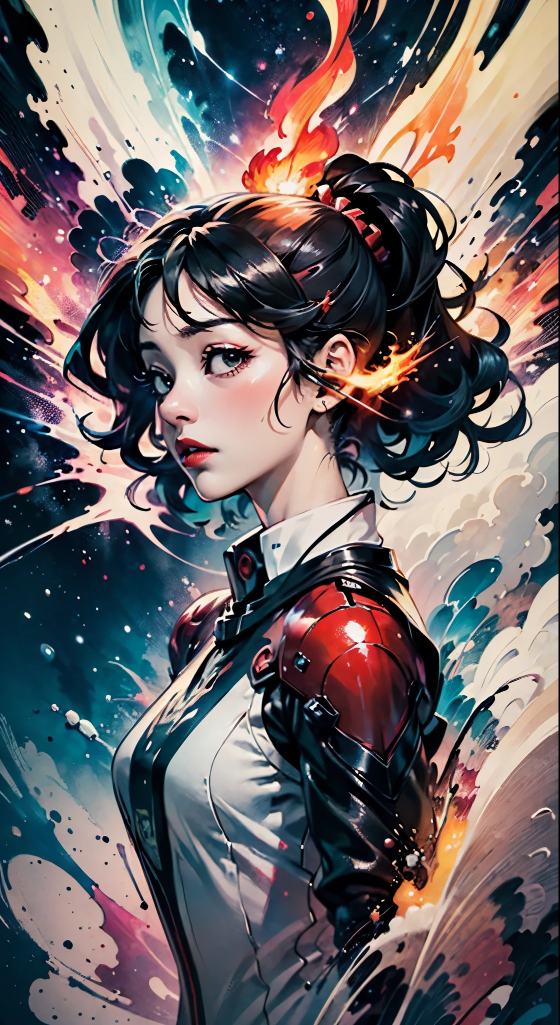 masterpiece, best quality, ultra high res, beautiful, elegant, graceful, award-winning art, 1girl , portrait, (style of Yuko Shimizu:1.1), (abstract art:1.2), red lips, silent in chaoodel pose in fashion show, style of rebecca guay, black hair, red fire , cloaked in flames, dark theme, visually stunning, gorgeous