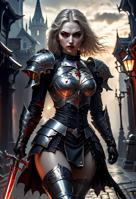 arafed, dark fantasy art, gothic art, a picturק of a vampire ready for battle, female vampire, armed with a sword, wearing heavy...