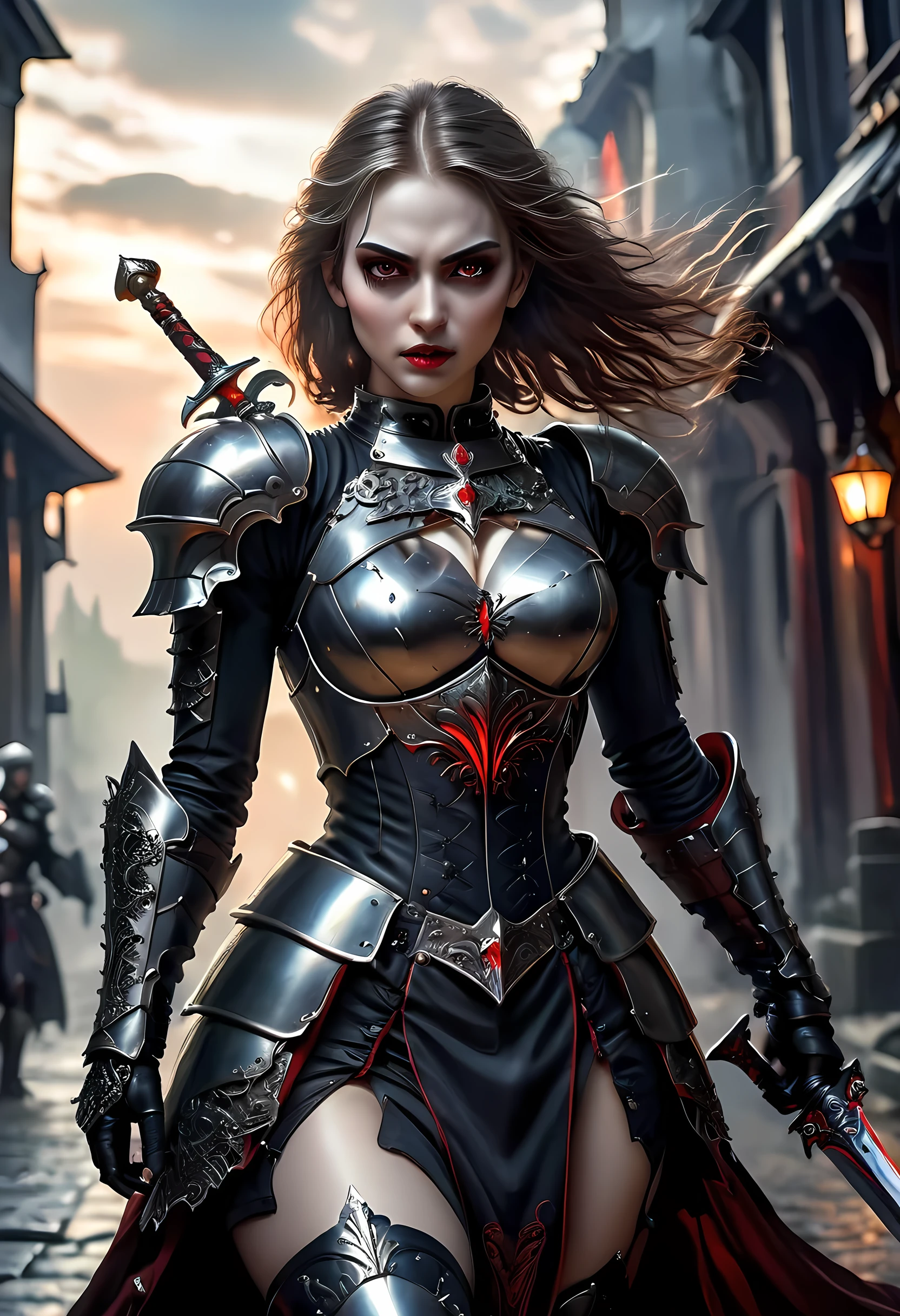 Arafed, dark fantasy art, gothic art, a picturק of a vampire ready for battle, female vampire, armed with a sword, wearing heavy armor , armed with a sword, shining sword, ultra detailed face (intricate detailed, Masterpiece, best quality: 1.4), pale skin, glowing eyes, red eyes, ultra feminine, pale skin, dynamic hair, dark fantasy urban street (intricate detailed, Masterpiece, best quality: 1.4), moon light, star light, clouds, armored_dress