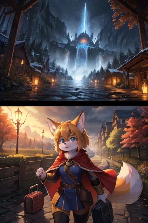 The various events that occur during the journey form the story of the film. As the film is traveling , various view , happening scene , dynamic move , 1 hairy Short stature fox girl with Townspeople , (realistic hairy bunny fur) , round face , (tilt face:1.2) , (half-open eyes) , Swollen cheeks , glossy lips , (Looking away , Look around:1.2) ,  (wearing fantastic wear and Cape) , travel bag , Walking around the fantasy world , dynamic angle , action move , Joy, anger, sorrow, and happiness , sunny , rainy , night and day , Spring, Summer, Autumn, Winter , Introduction, development, twist and conclusion , Save the Princess