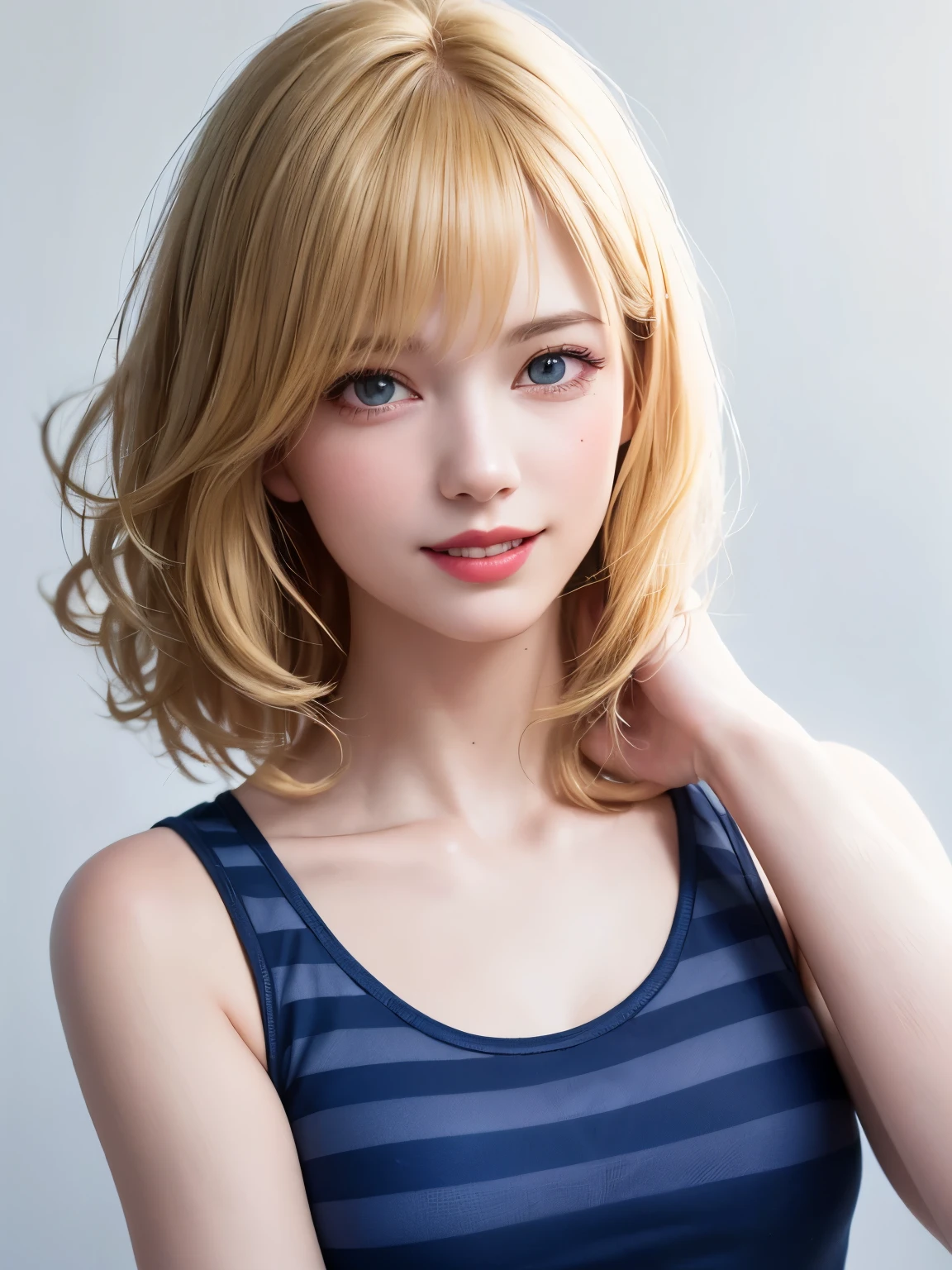 (highest quality、8k、32k、masterpiece)、(Realistic)、(Realistic:1.2)、(High resolution)、Very detailed、Very beautiful face and eyes、1 girl、Round and small face、Tight waist、Delicate body、(close、highest quality、Attention to detail、Rich skin detail)、(highest quality、8k、Oil paint:1.2)、(Realistic、Realistic:1.37)、Bright colors、(((blonde)))、(((Bust Shot)))、(((Medium Hair)))、(((Loose and fluffy perm)))、(((Pure white wall background)))、(((Touch your lips with your left hand)))、(((Laughter)))、(((blonde)))、(((Striped tank top)))、(((Blue and black tank top)))