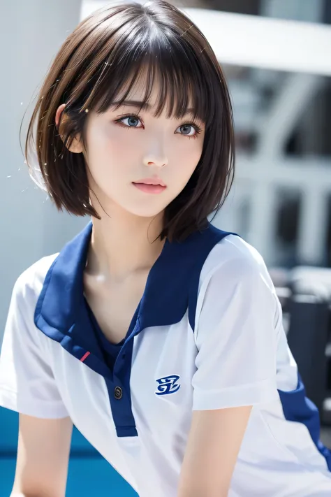 Beautiful girl, (highest quality:1.4), (Very detailed), (Very detailed美しい顔), Facing forward, Skinny, Great face and eyes, iris,short hair, Black Hair, (School gym clothes:1.2), Short sleeve,Smooth, very detailed CG synthesis 8k wallpaper, High-resolution R...