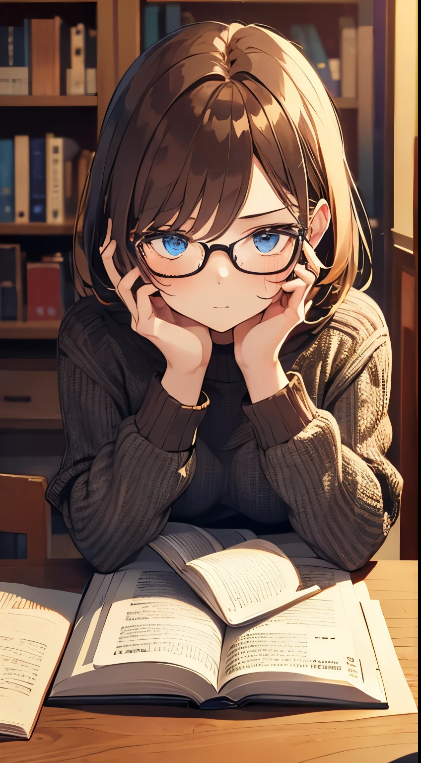 Masterpiece, Top Quality, Superfine, Beautiful, Dignified Young Lady, Thinking, Distressed, Serious Eyes, Sitting, Medium Hair, Brown Hair, Blue Eyes, Sweater, Round Glasses, 20 Years Old, Reading, Holding Book With Both Hands，　Desk, library, braided, medium hair
