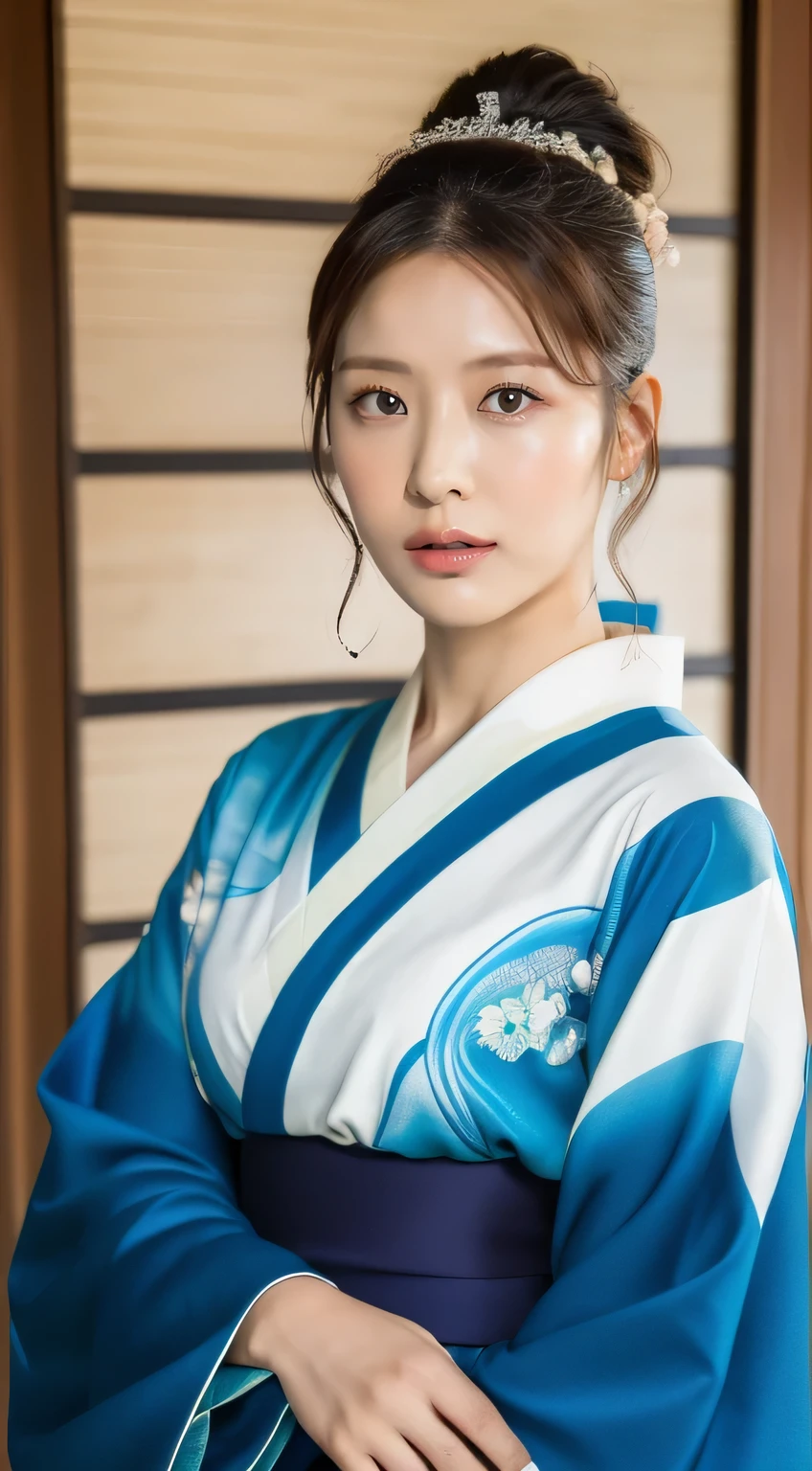 ((la plus haute qualité, 8k, chef-d&#39;œuvre: 1.3)), netteté: 1.2, Belle femme avec une silhouette parfaite: 1.4, (kimono, bleu complexe), Texture du visage et de la peau très détaillée, grains fins, (lèvres),
