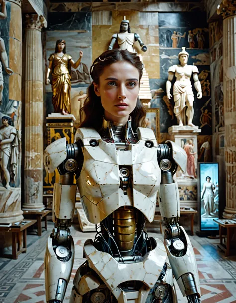 cinematic film still, close up, a robot woman stands tall, half-human half machine, amongst an ancient Greek gallery of painting...
