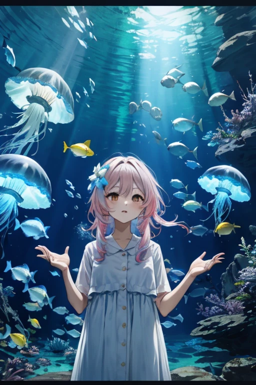 jellyfish、光るjellyfish、Aquarium、Tropical fish、colorfulな魚、girl、In the water、Spreading hair、Aquarium、Light pink transparent hair color、Gradient Hair、colorful、Beautiful colors、Neon color、Rainbow-colored