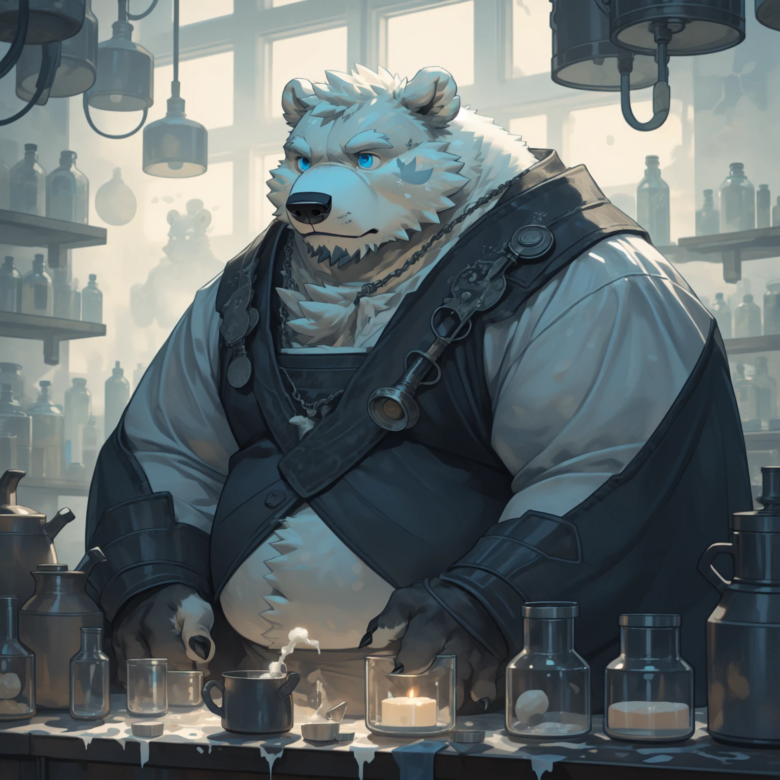 New Jersey 5 Furry，polar bear，Exquisite，portrait，Solitary，Chubby，Fat，Thick arms，Rugged muscles，White plush fur，Chubby脸，Black eyebrows，Sky blue eyes，Beard，absurd, High-quality illustrations, Ultra-high resolution, Detailed background, Perfect anatomical structure( Solitary, Beast field, Furry personification, Alchemist, experiment)Lots of pottery, In a room with many windows, in a messy laboratory, In the Steampunk Lab, fantasy Alchemist laboratory, Weapon shop interior, Movie Lighting,