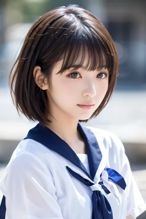 Beautiful girl, (highest quality:1.4), (Very detailed), (Very detailed美しい顔), Facing forward, japanese sailor suit, Great face and eyes, iris,Medium Hair, Black Hair, (Sailor suit, school uniform:1.2), Short sleeve,Smooth, very detailed CG synthesis 8k wall...