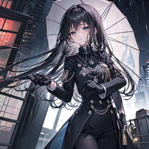 ((high resolution　Black Hair　Long Hair　uniform　Use an umbrella　Lonely　despair))　((chest　necklace　Tears　gloves))　(New York at Nig...