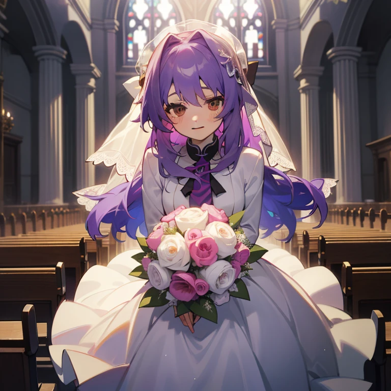 (Masterpiece), Best Quality, expressive eyes, a perfect face, 1girl, solo, purple hair, rainbow eyes, in the church, wedding, wedding  magical donut dress, pretty cure, veil, blusher, Smile, Bouquet in hand, look at the viewer, Shinoa hiiragi, Shinoa attracts