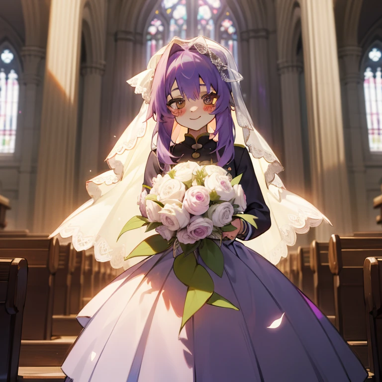 (Masterpiece), Best Quality, expressive eyes, a perfect face, 1girl, solo, purple hair, rainbow eyes, in the church, wedding, wedding  magical donut dress, pretty cure, veil, blusher, Smile, Bouquet in hand, look at the viewer, Shinoa hiiragi, Shinoa attracts