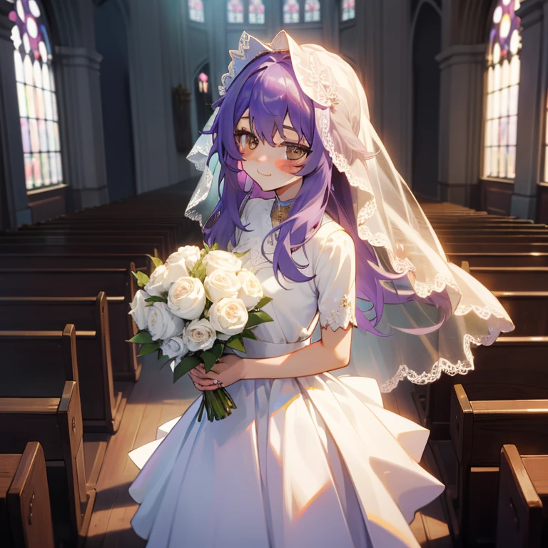 (Masterpiece), Best Quality, expressive eyes, a perfect face, 1girl, solo, purple hair, rainbow eyes, in the church, wedding, wedding  magical donut dress, pretty cure, veil, blusher, Smile, Bouquet in hand, look at the viewer, Shinoa hiiragi, Shinoa attracts